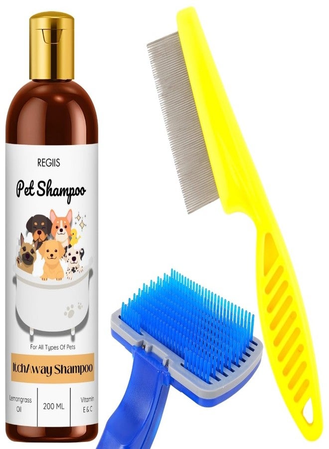 شامبو ريجيس للحيوانات الأليفة مع مجموعة فرشاة للعناية، زيت عشبة الليمون، فيتامين هـ و ج، 200 مل، يتضمن مشطًا معدنيًا للبراغيث، وفرشاة بمقبض أصفر، وفرشاة تنظيف ذاتية زرقاء (عبوة من 3 قطع) - Image 1